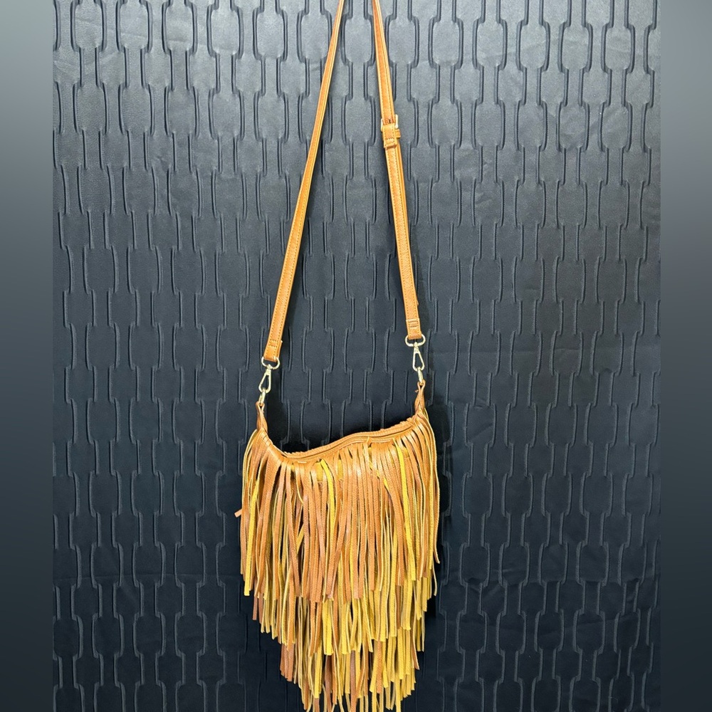 Crown Vintage Faux Leather Brown Fringe Shoulder Bag
